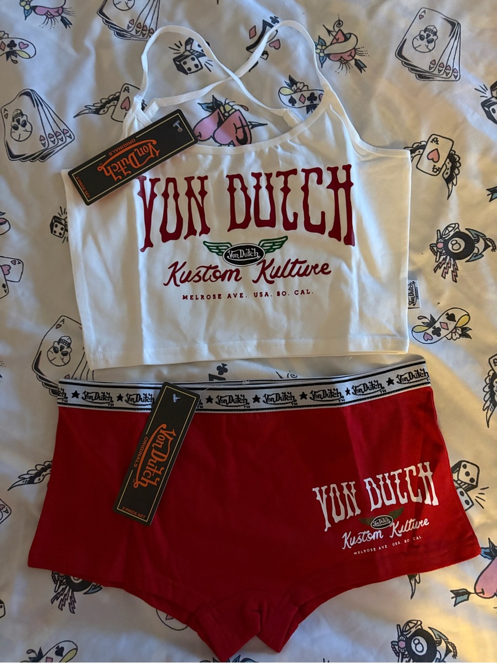 Von Dutch White Crop Tank & Red Boyshort Set